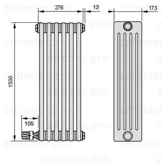 Схема (чертеж) Радиатор Zehnder Charleston 5150/6 №V003 Белый глянцевый RAL 9016
